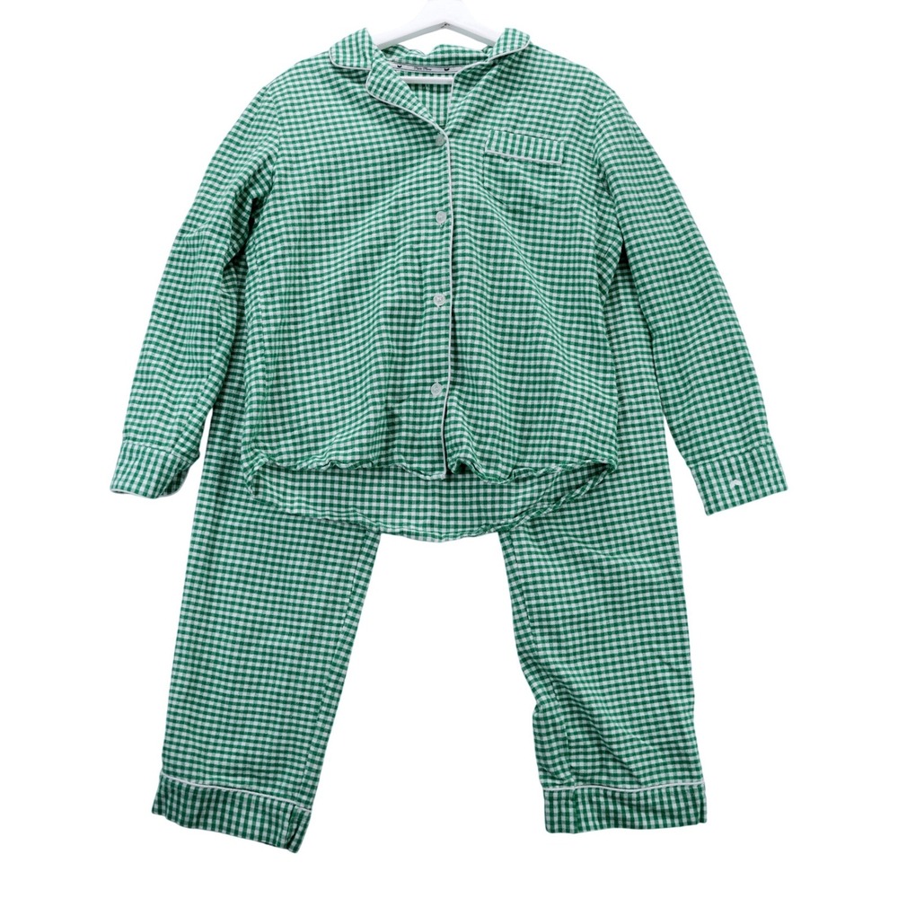 Petite Plume Womens Gingham Pajama Set Green White Cotton Sleepwear Size Medium